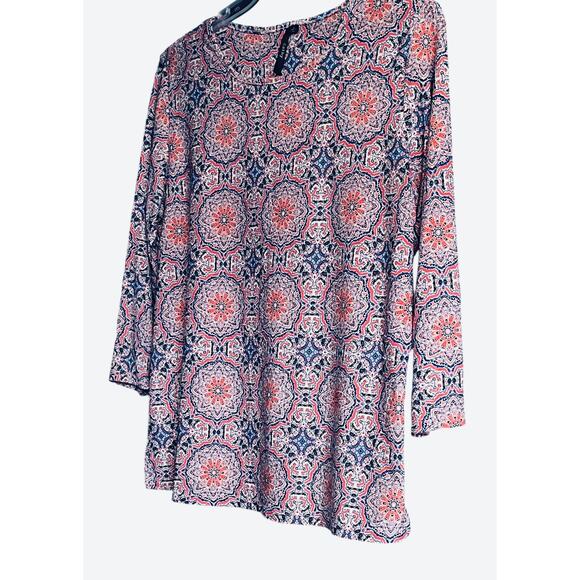 CATHY 3/4 SLEEVE ROUND NECK BLOUSE, WOMENS, L, PINK, BLUE, WHITE GEOMETRIC - Picture 3 of 12